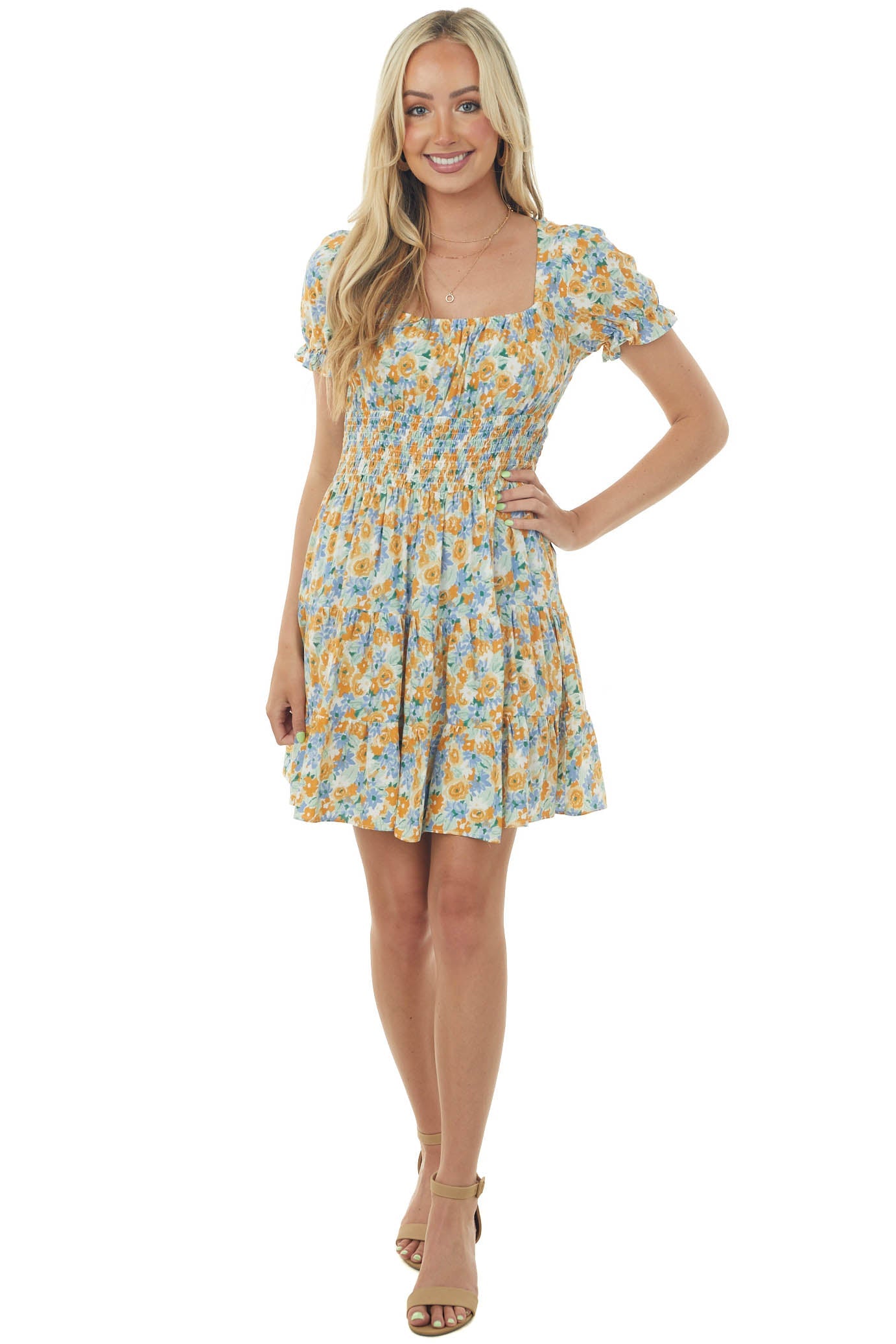 Mango and Dusty Blue Floral Woven Mini Dress