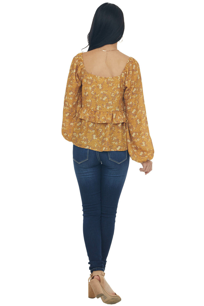 Marigold Floral Print Bubble Sleeve Blouse