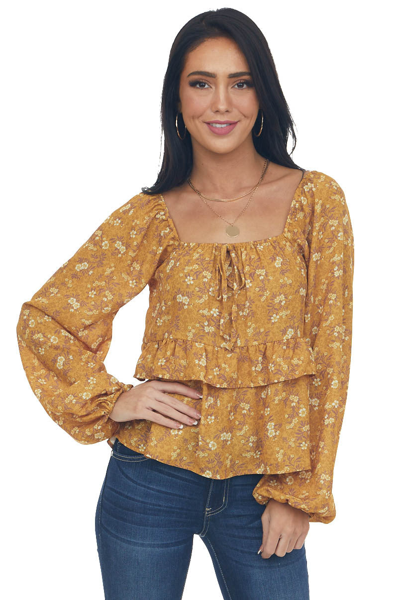 Marigold Floral Print Bubble Sleeve Blouse
