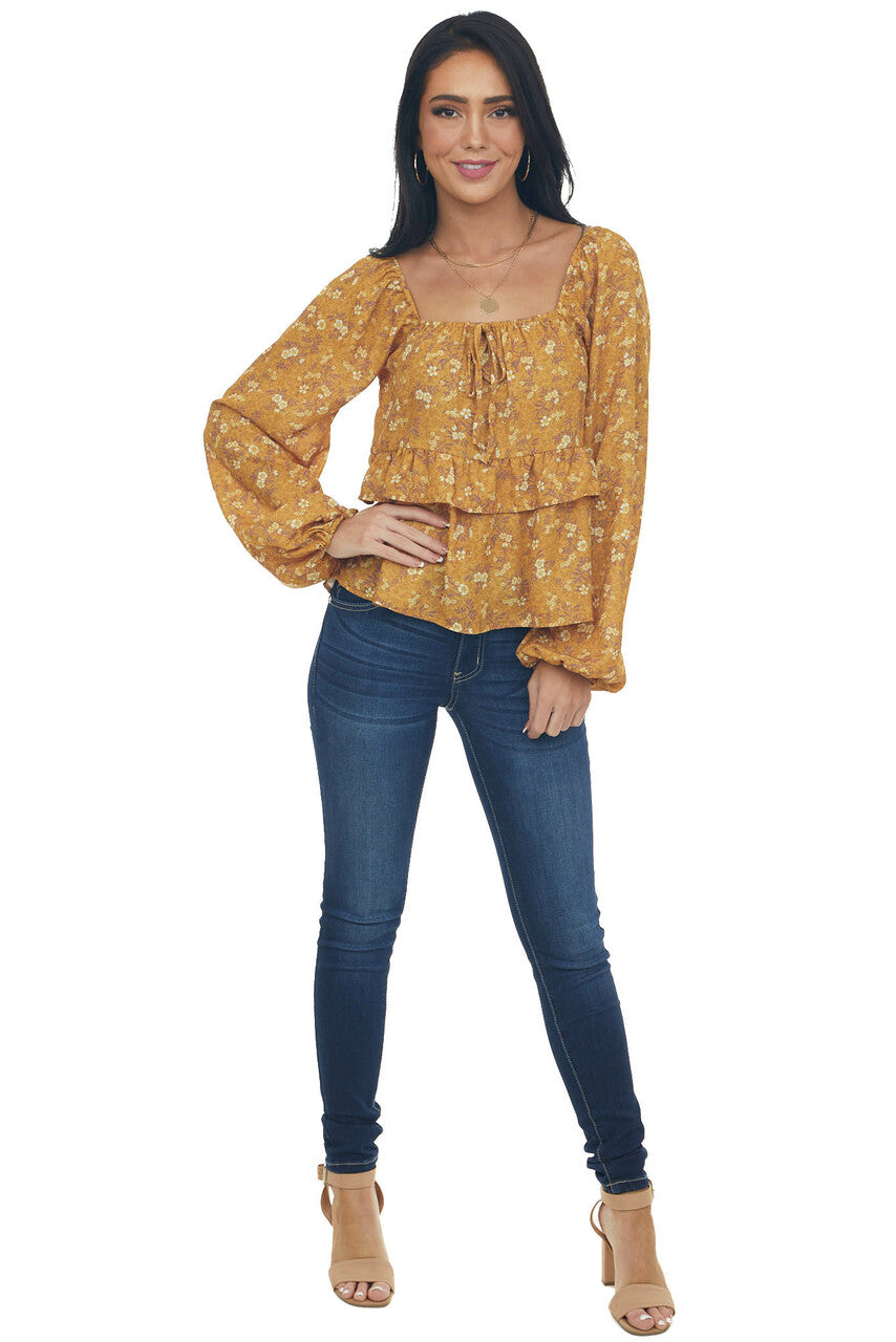 Marigold Floral Print Bubble Sleeve Blouse