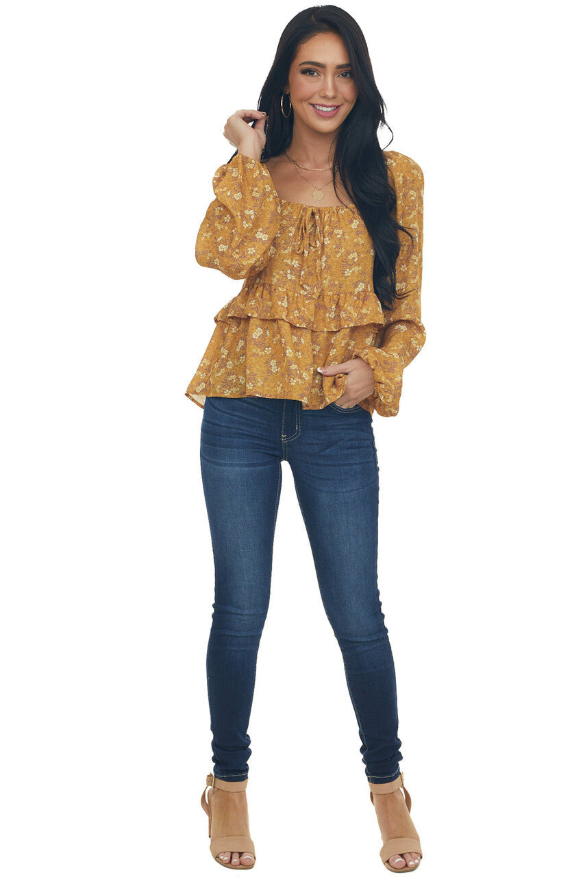 Marigold Floral Print Bubble Sleeve Blouse