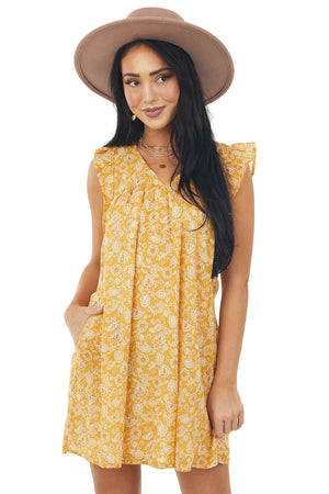 Marigold Paisley Print Short Ruffle Sleeve Dress