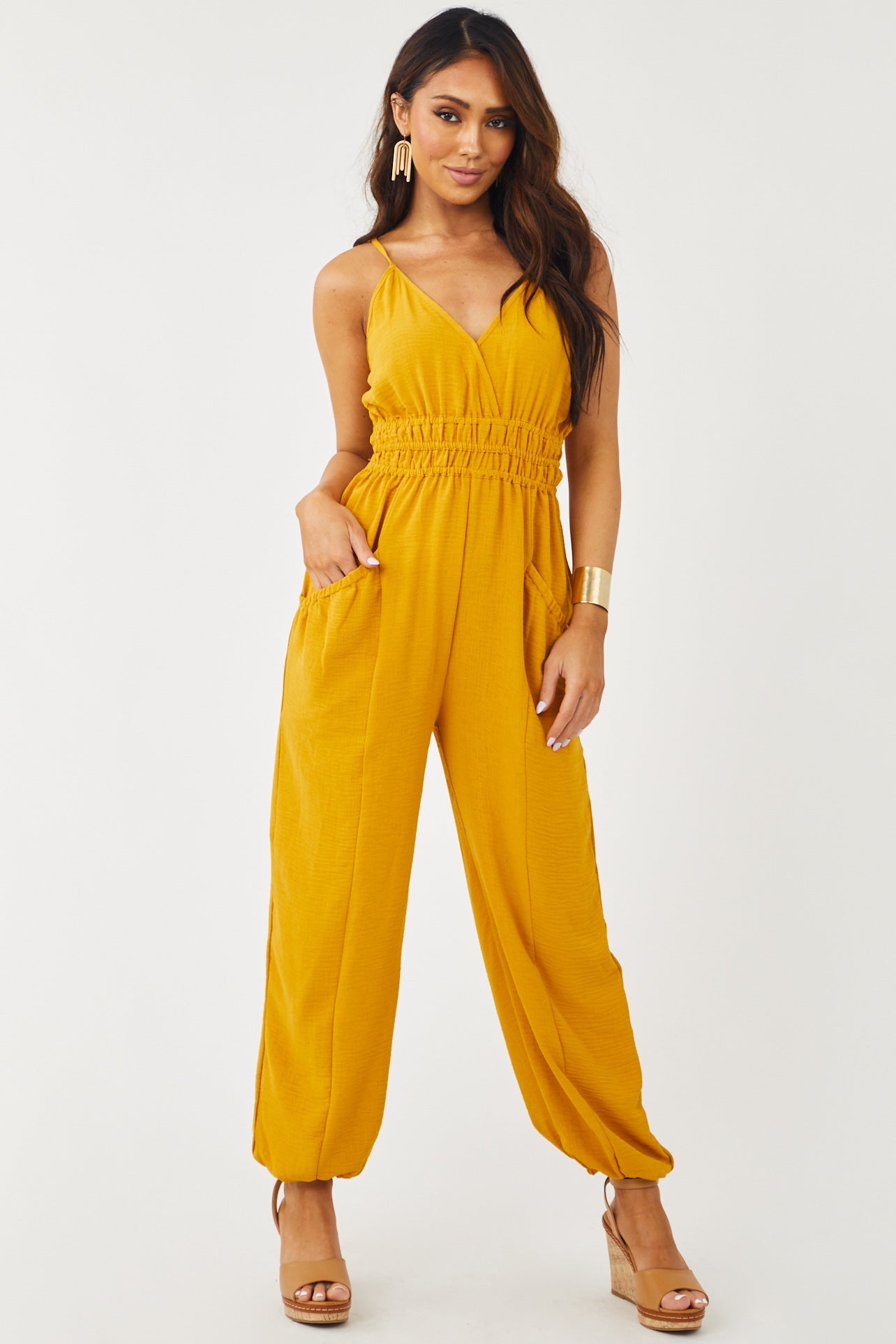 Marigold Sleeveless Woven Jumpsuit with Pockets