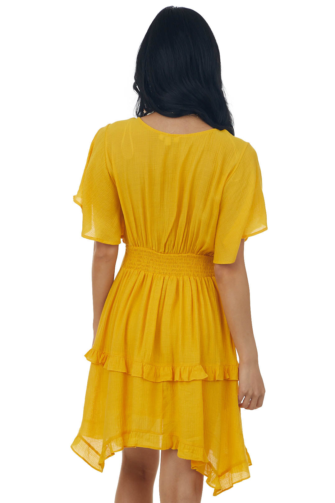 Marigold V Neck Tiered Handkerchief Hem Dress