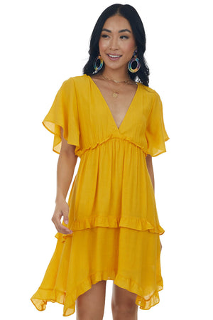 Marigold V Neck Tiered Handkerchief Hem Dress