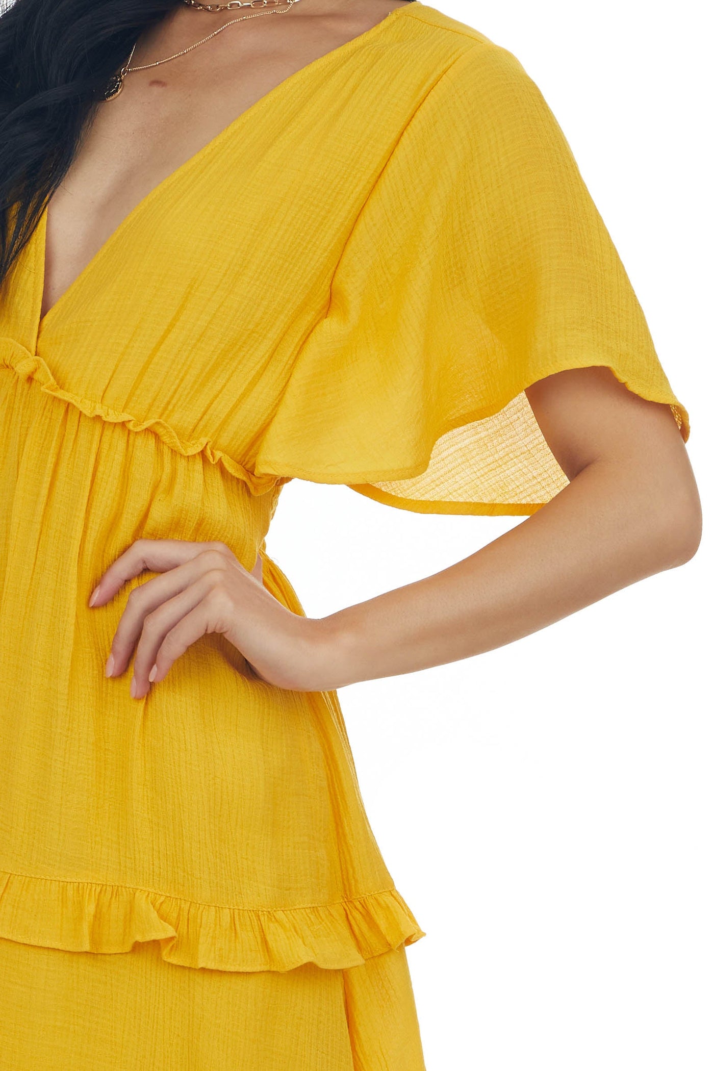 Marigold V Neck Tiered Handkerchief Hem Dress