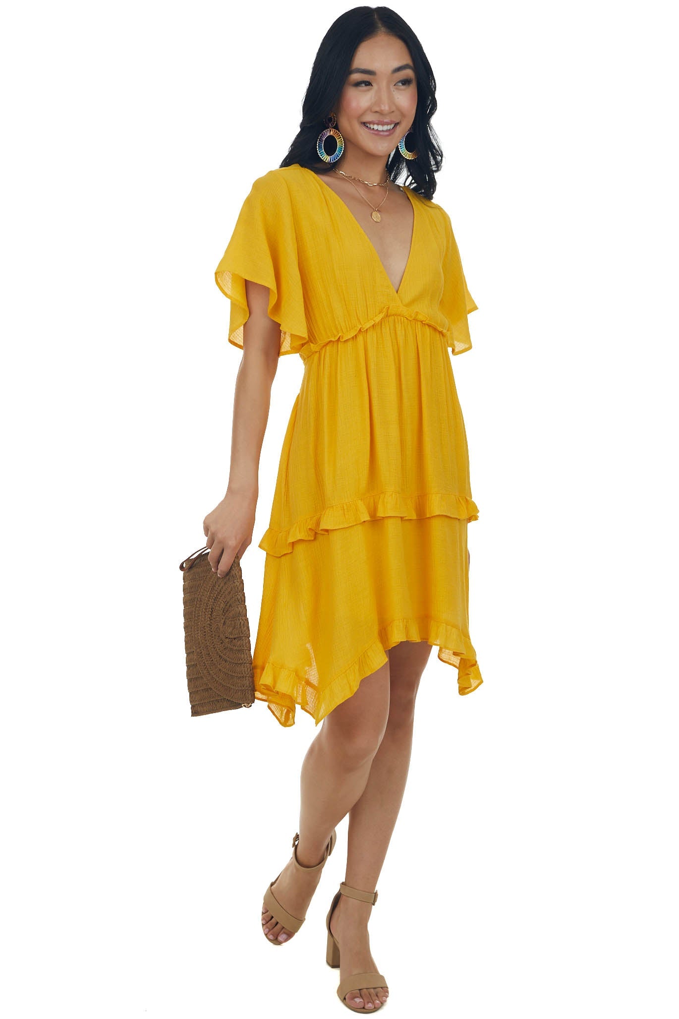 Marigold V Neck Tiered Handkerchief Hem Dress