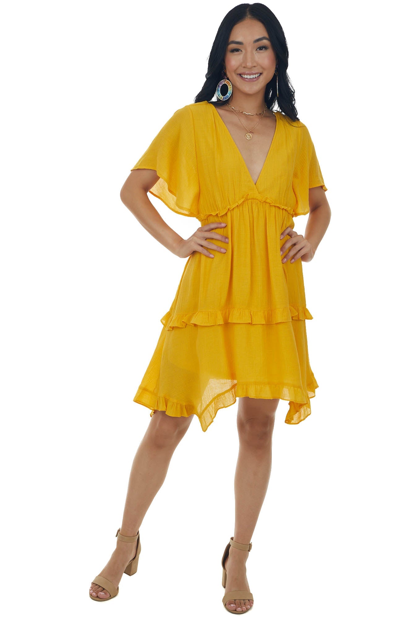 Marigold V Neck Tiered Handkerchief Hem Dress