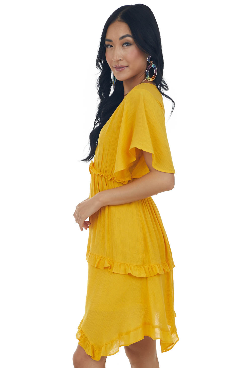 Marigold V Neck Tiered Handkerchief Hem Dress