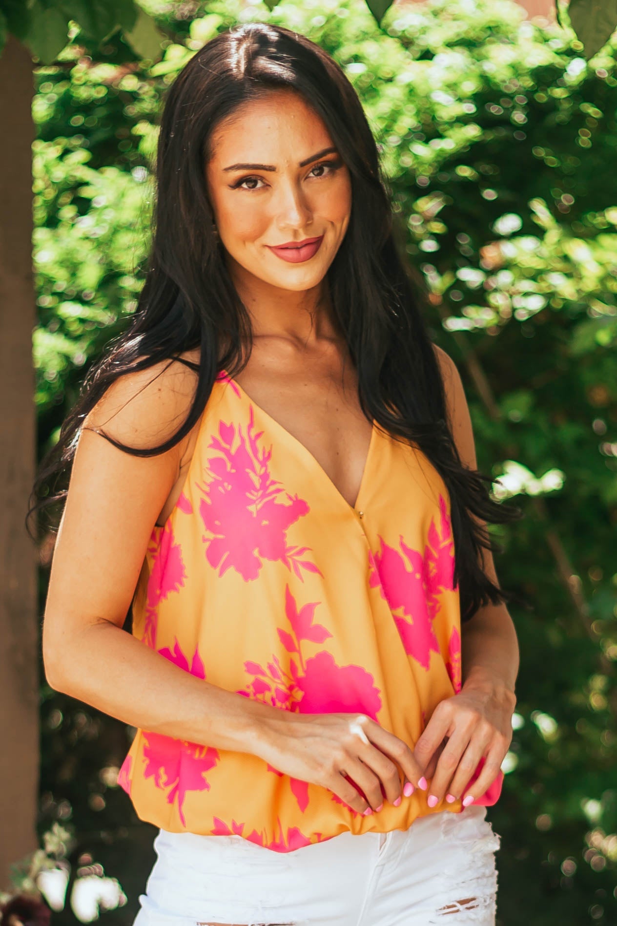 Marigold Floral Print Surplice Woven Tank Top