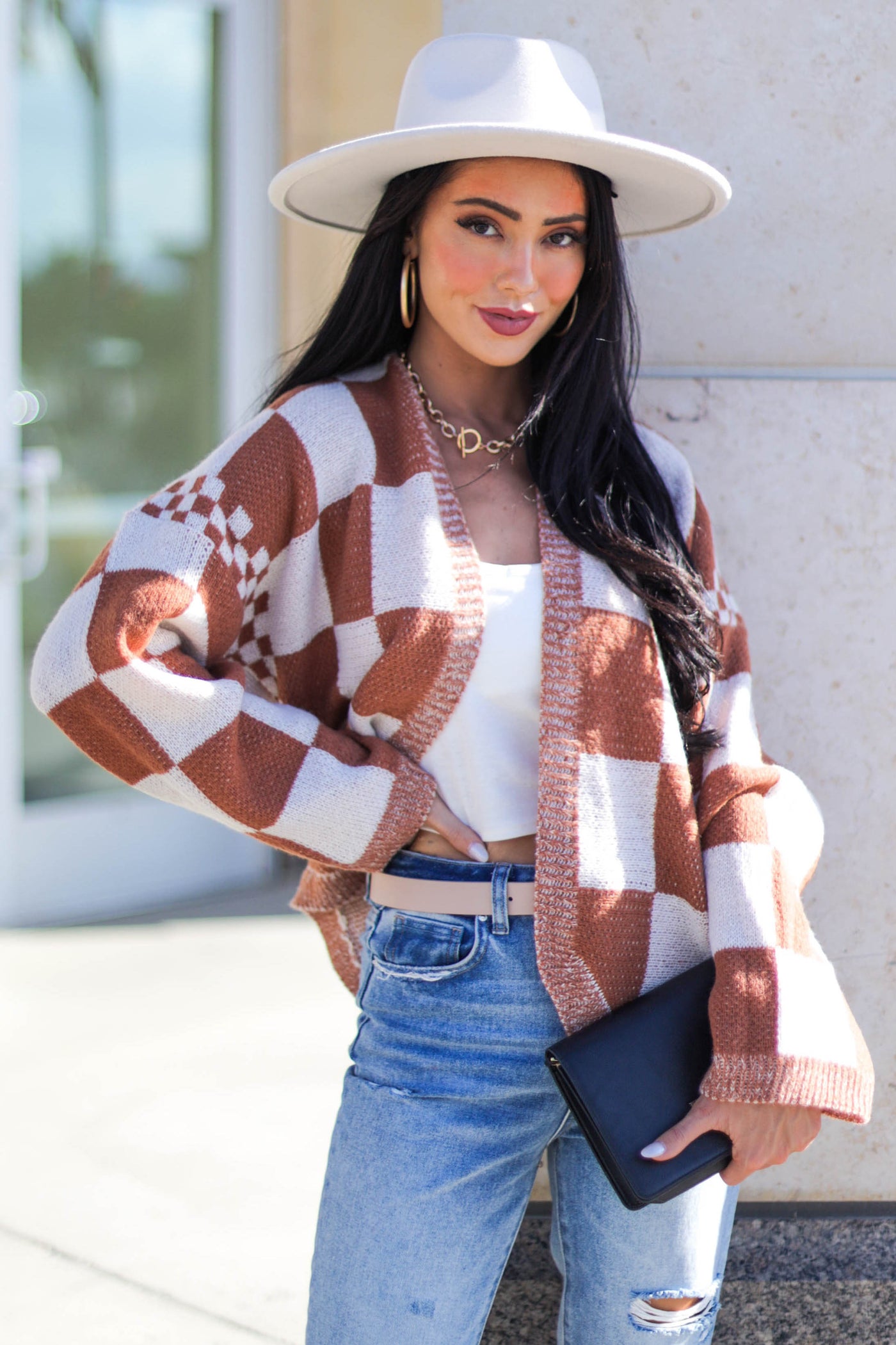 Marmalade and Ivory Checkered Open Front Cardigan