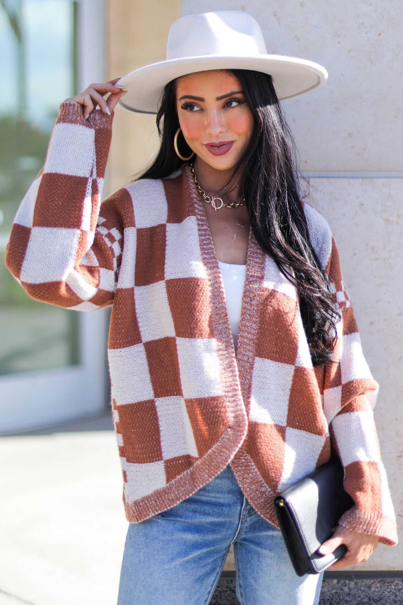 Marmalade and Ivory Checkered Open Front Cardigan