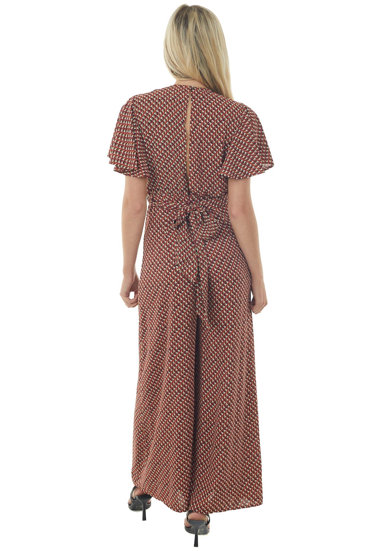 Maroon Abstract Print Flutter Sleeve Jumpsuit