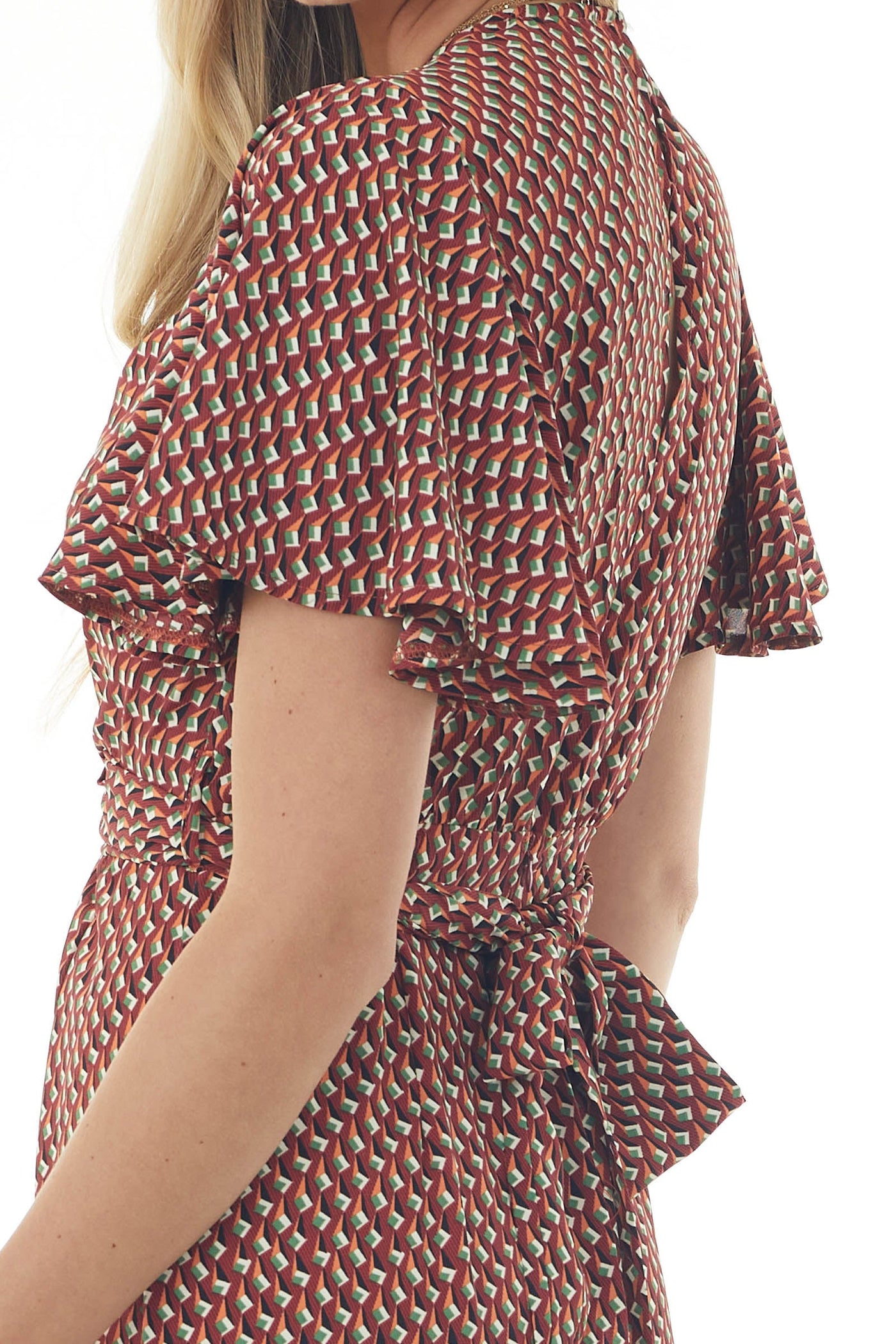 Maroon Abstract Print Flutter Sleeve Jumpsuit