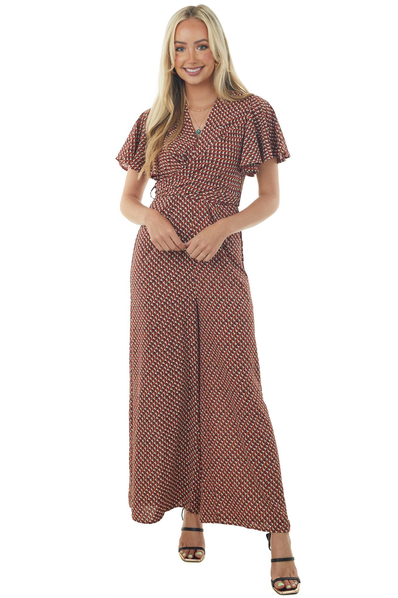 Maroon Abstract Print Flutter Sleeve Jumpsuit