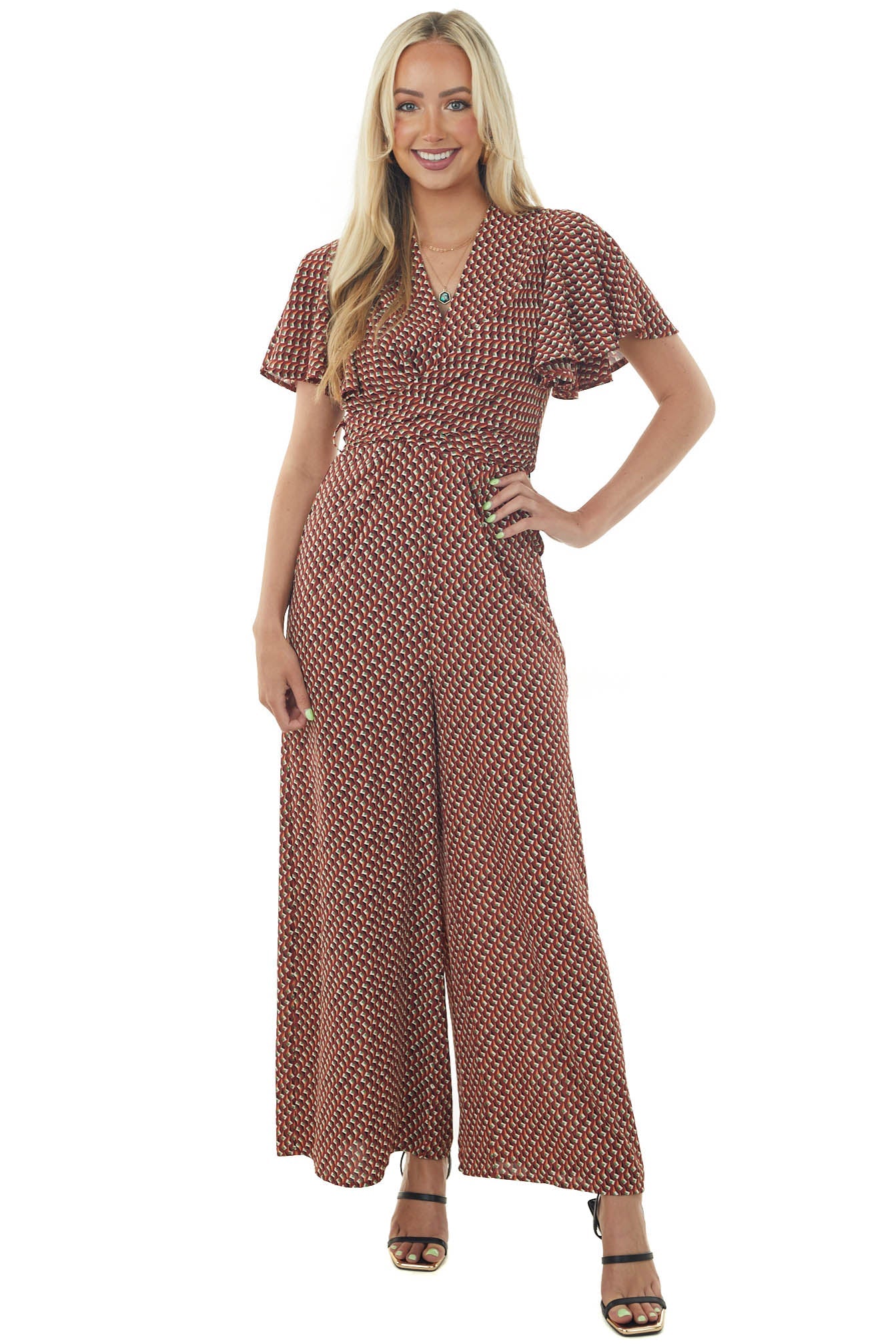 Maroon Abstract Print Flutter Sleeve Jumpsuit