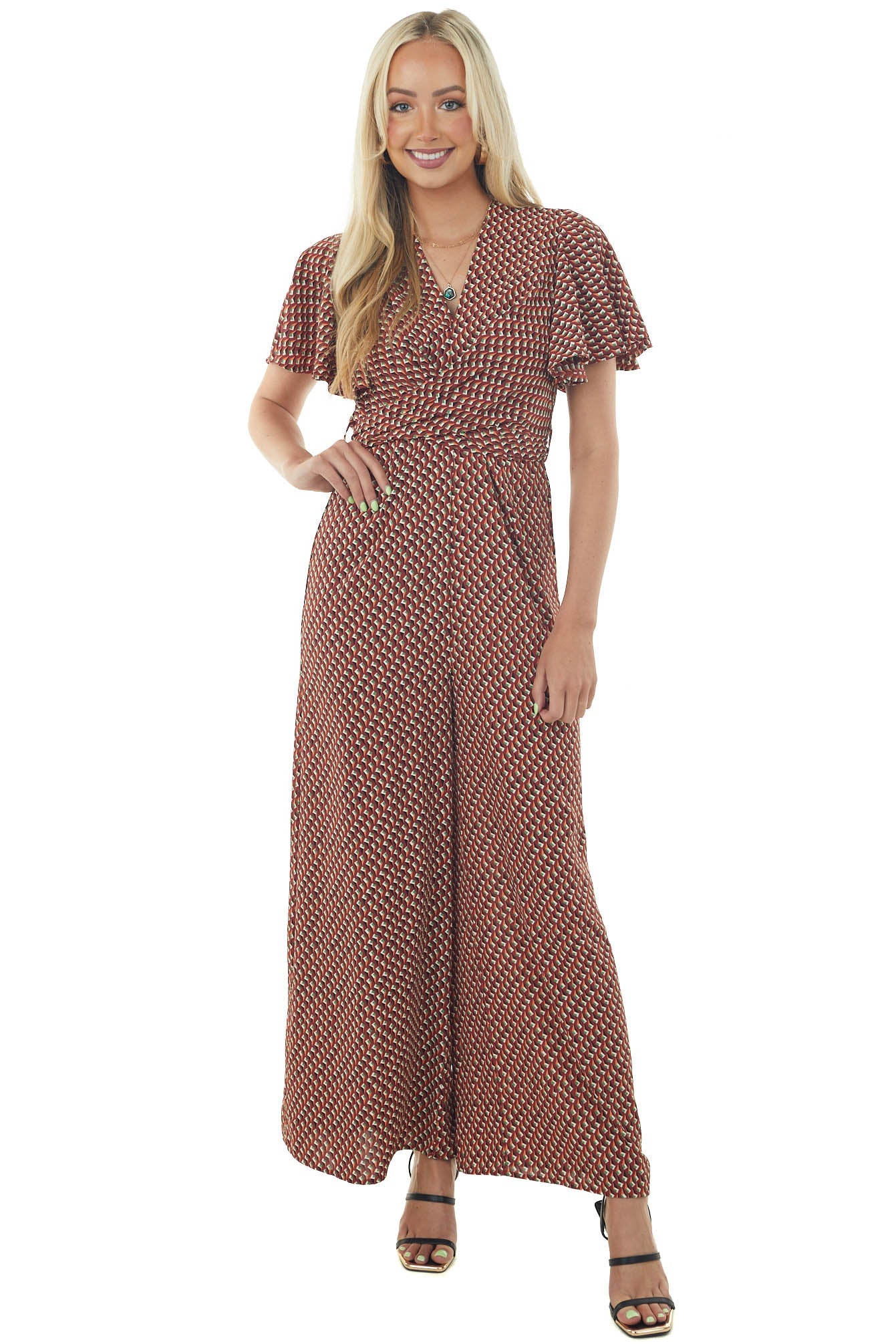 Maroon Abstract Print Flutter Sleeve Jumpsuit