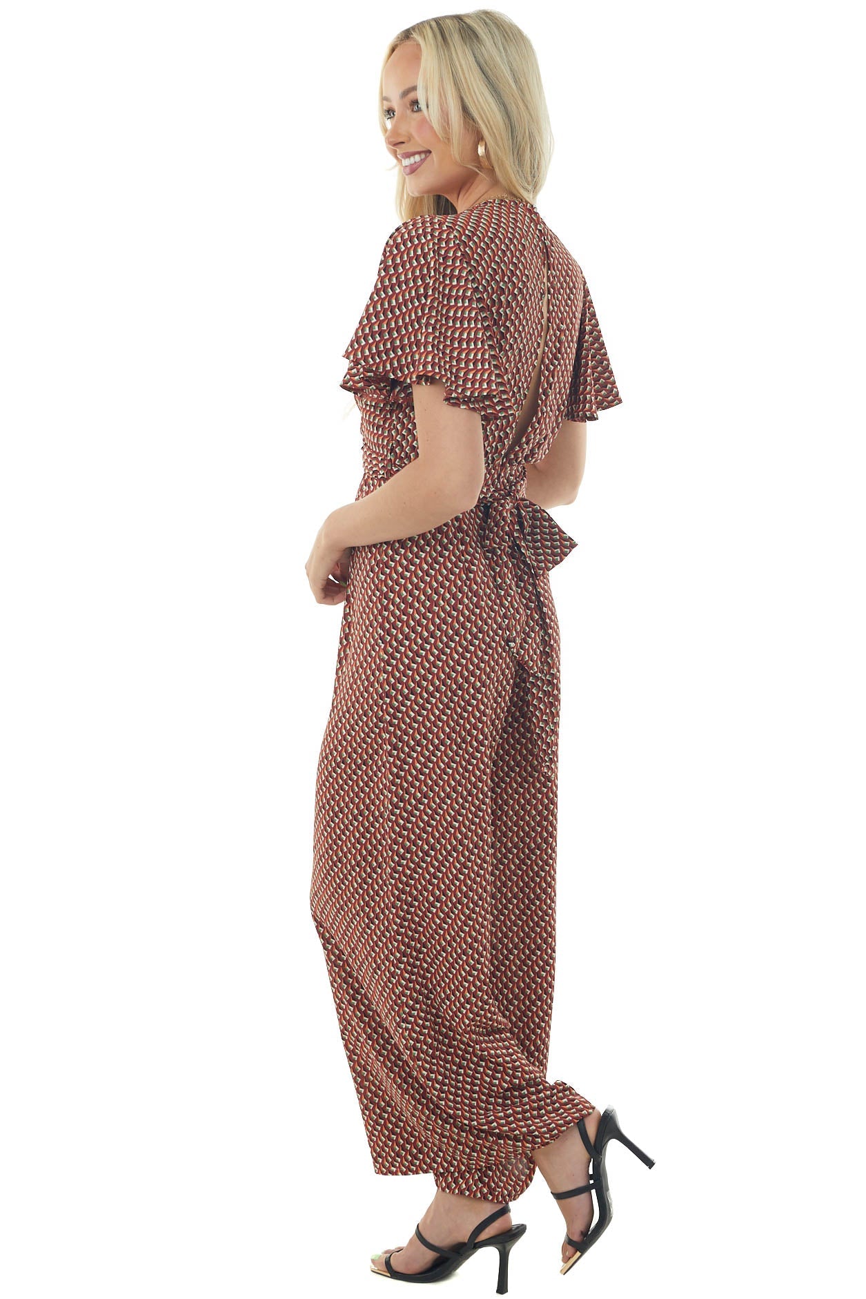 Maroon Abstract Print Flutter Sleeve Jumpsuit