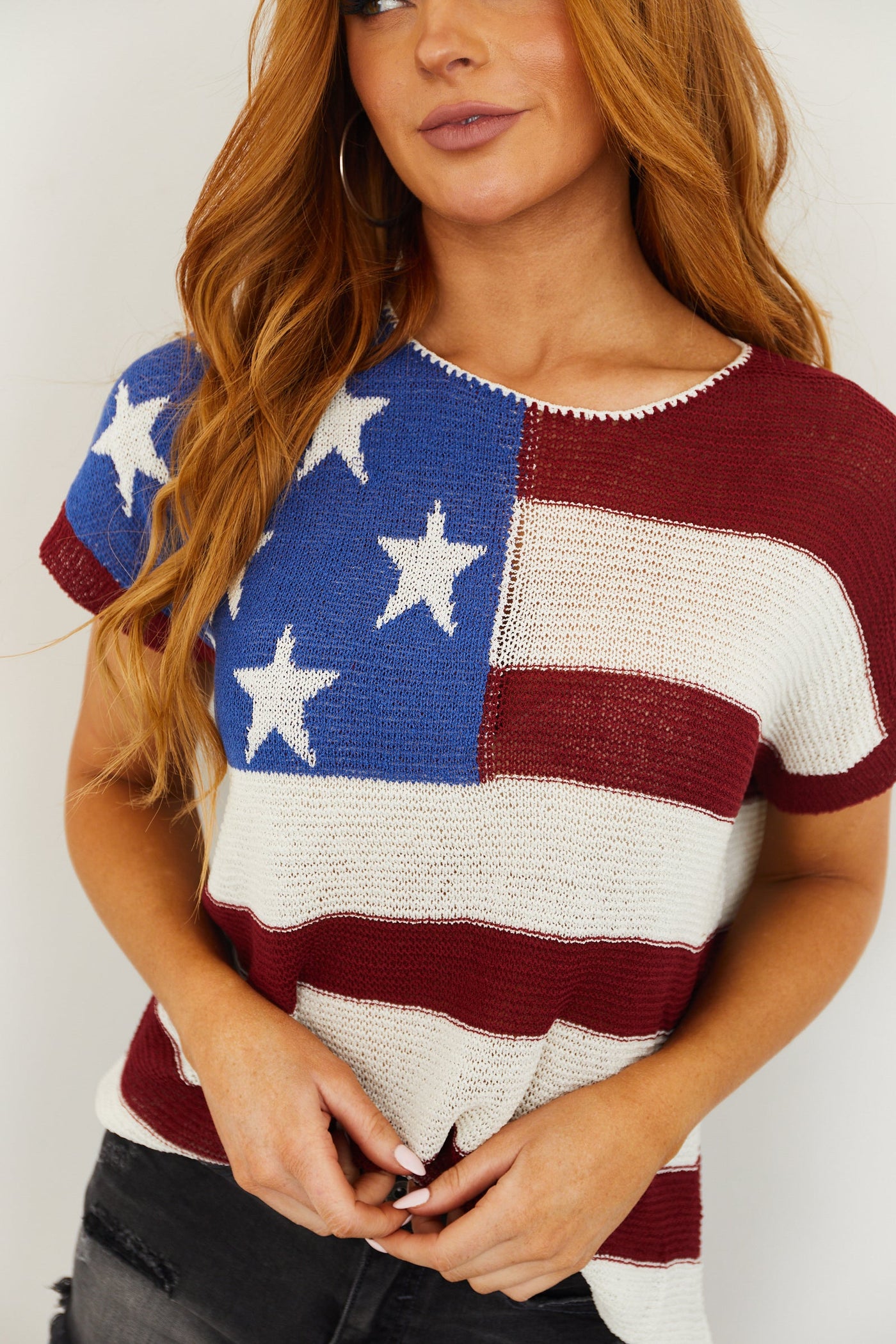 Maroon Americana Short Sleeve Loose Knit Top
