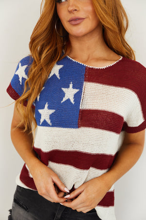 Maroon Americana Short Sleeve Loose Knit Top