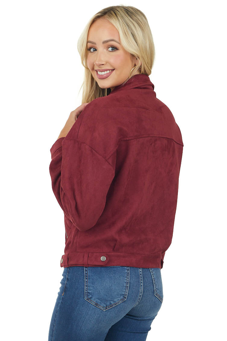 Maroon Collared Neckline Faux Suede Moto Jacket