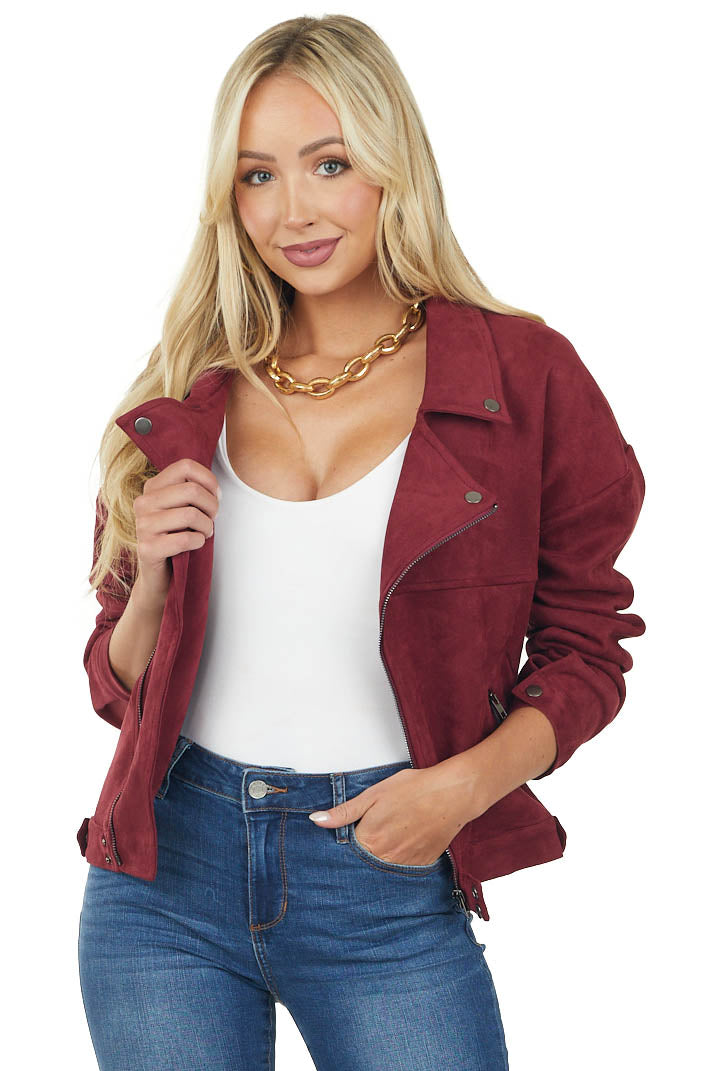 Maroon Collared Neckline Faux Suede Moto Jacket