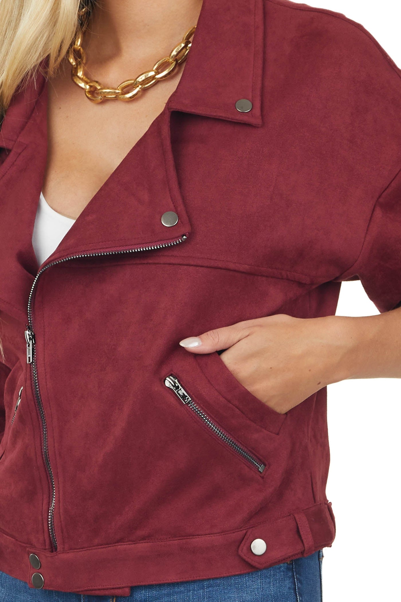 Maroon Collared Neckline Faux Suede Moto Jacket