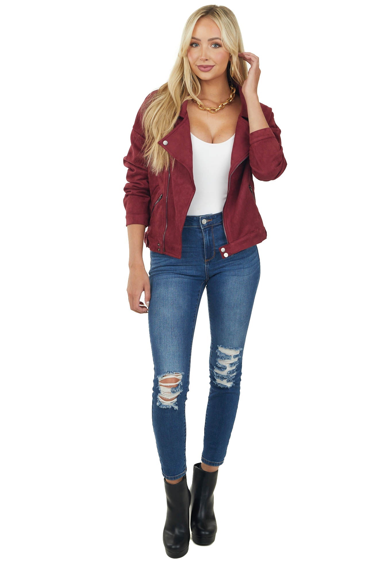Maroon Collared Neckline Faux Suede Moto Jacket