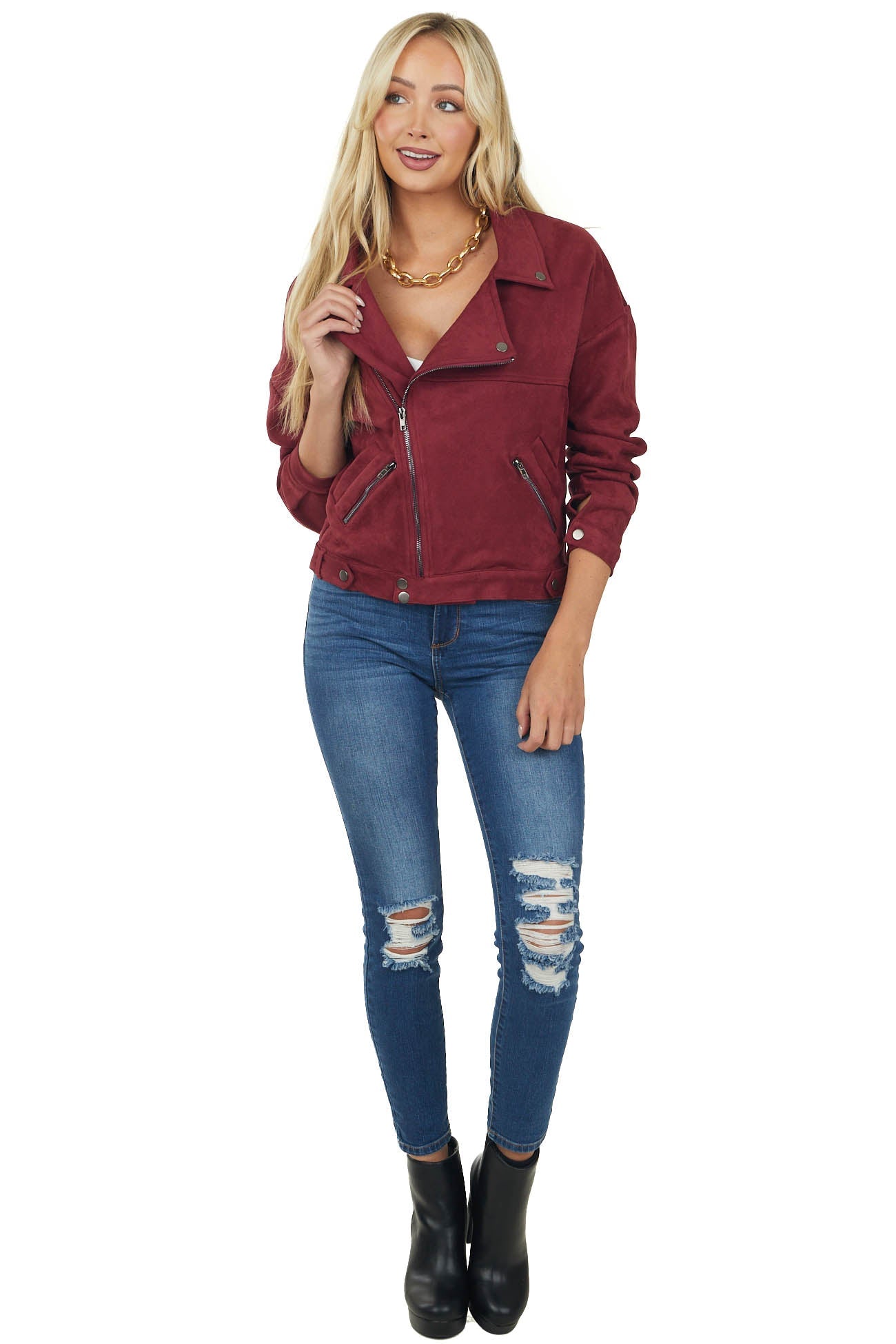 Maroon Collared Neckline Faux Suede Moto Jacket