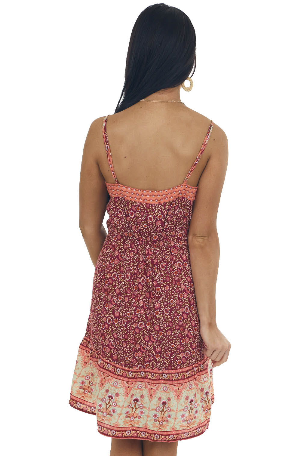 Maroon Floral Print Sleeveless Short Dress