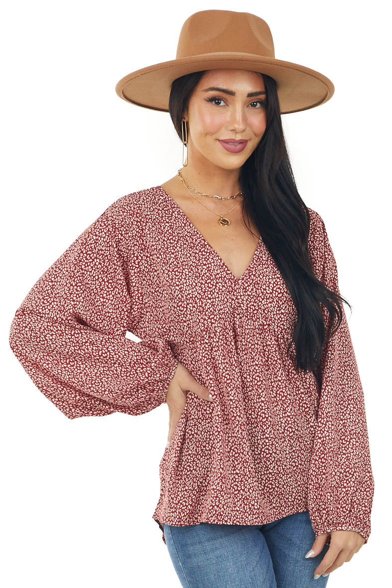 Maroon Leopard Print Long Sleeve Babydoll Blouse