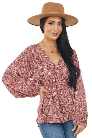 Maroon Leopard Print Long Sleeve Babydoll Blouse