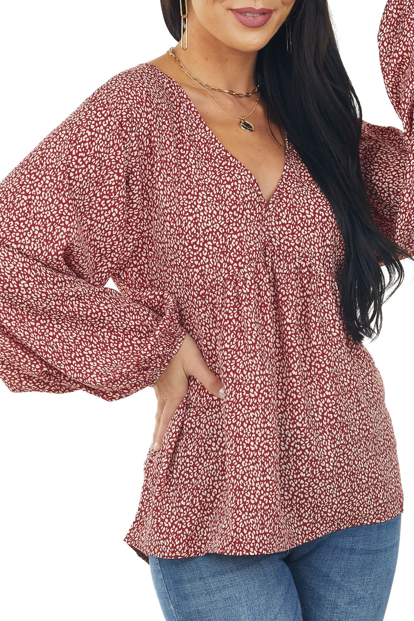 Maroon Leopard Print Long Sleeve Babydoll Blouse