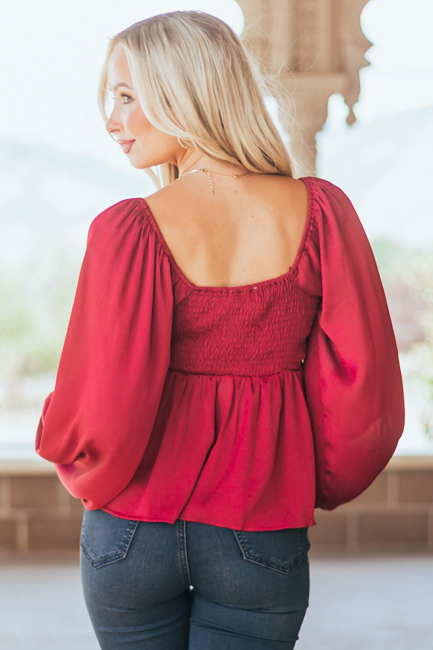 Maroon Long Sleeve Smocked Babydoll Woven Top