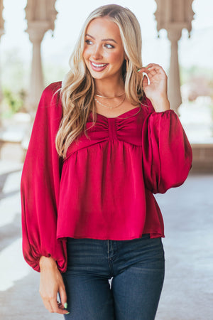 Maroon Long Sleeve Smocked Babydoll Woven Top