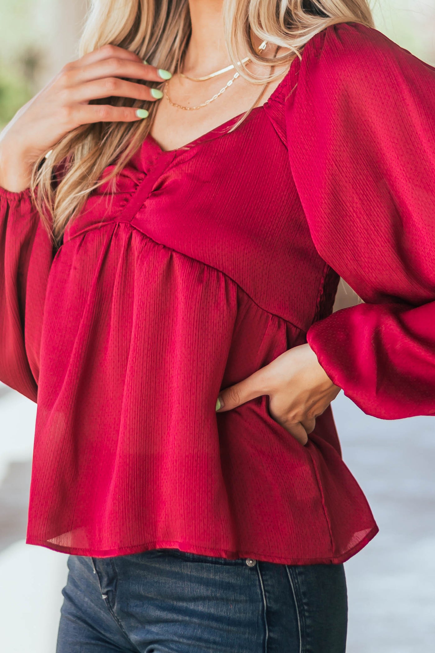 Maroon Long Sleeve Smocked Babydoll Woven Top