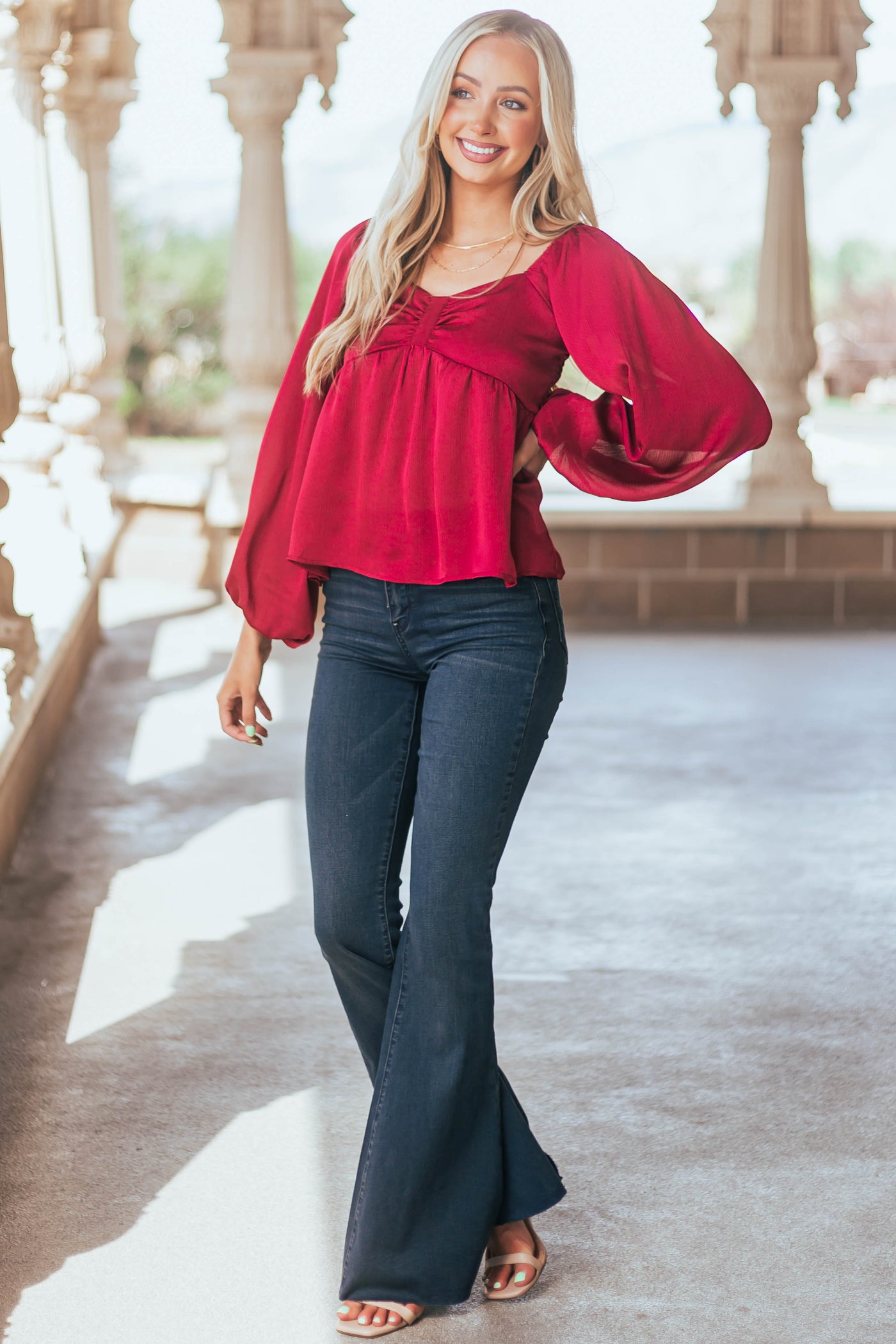 Maroon Long Sleeve Smocked Babydoll Woven Top