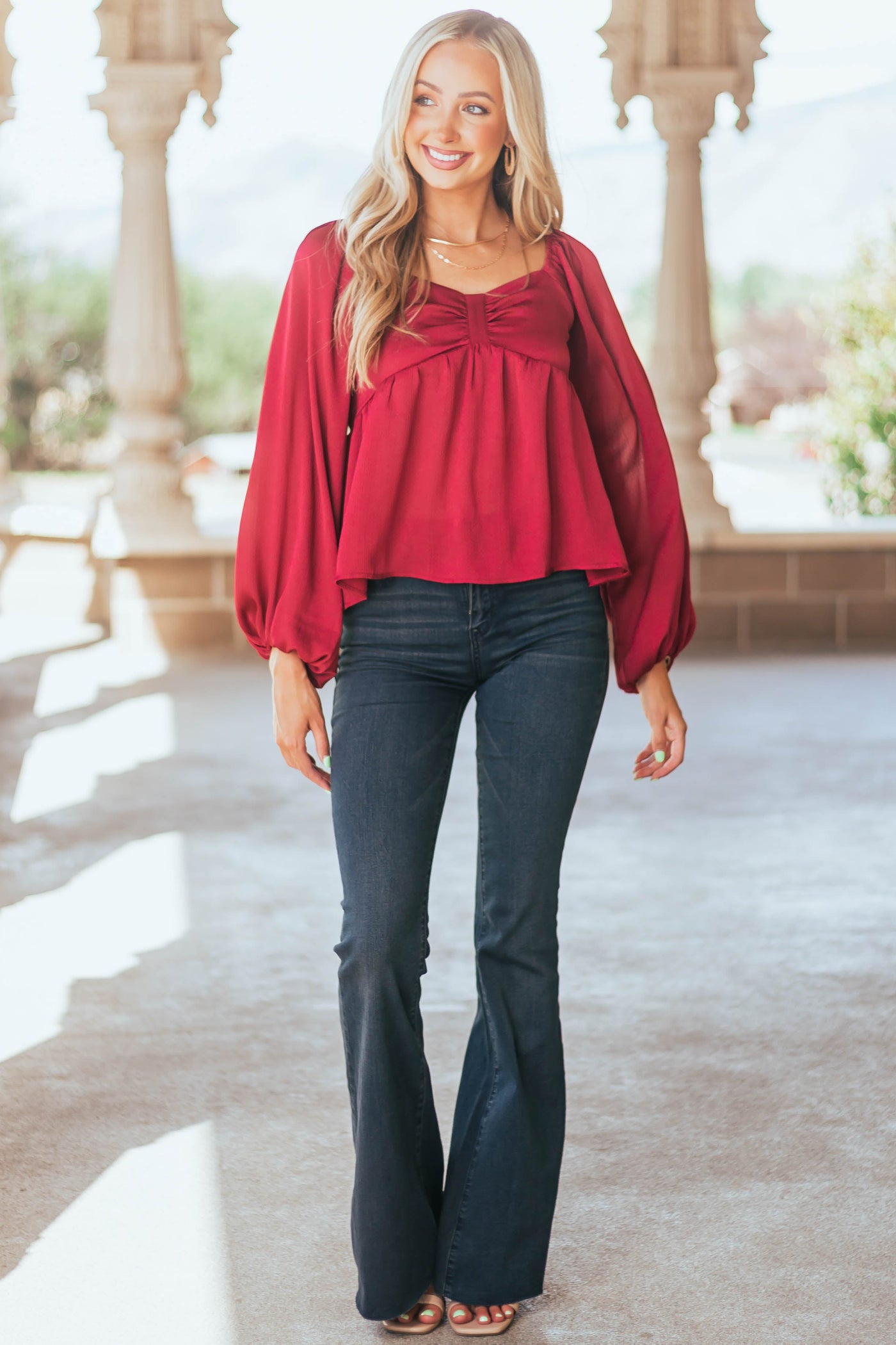 Maroon Long Sleeve Smocked Babydoll Woven Top