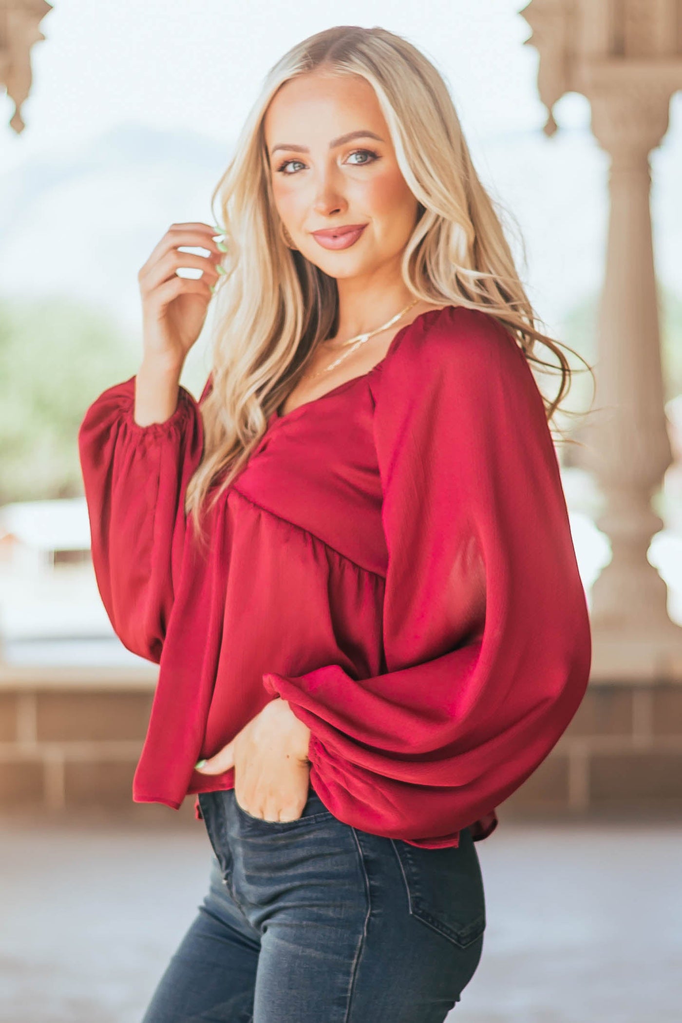 Maroon Long Sleeve Smocked Babydoll Woven Top
