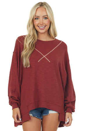 Maroon Oversized Knit Top with Long Sleeves