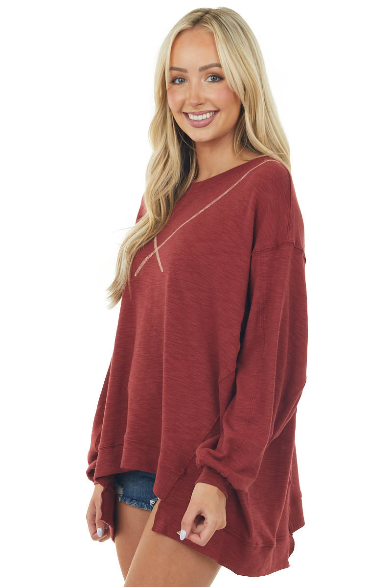 Maroon Oversized Knit Top with Long Sleeves