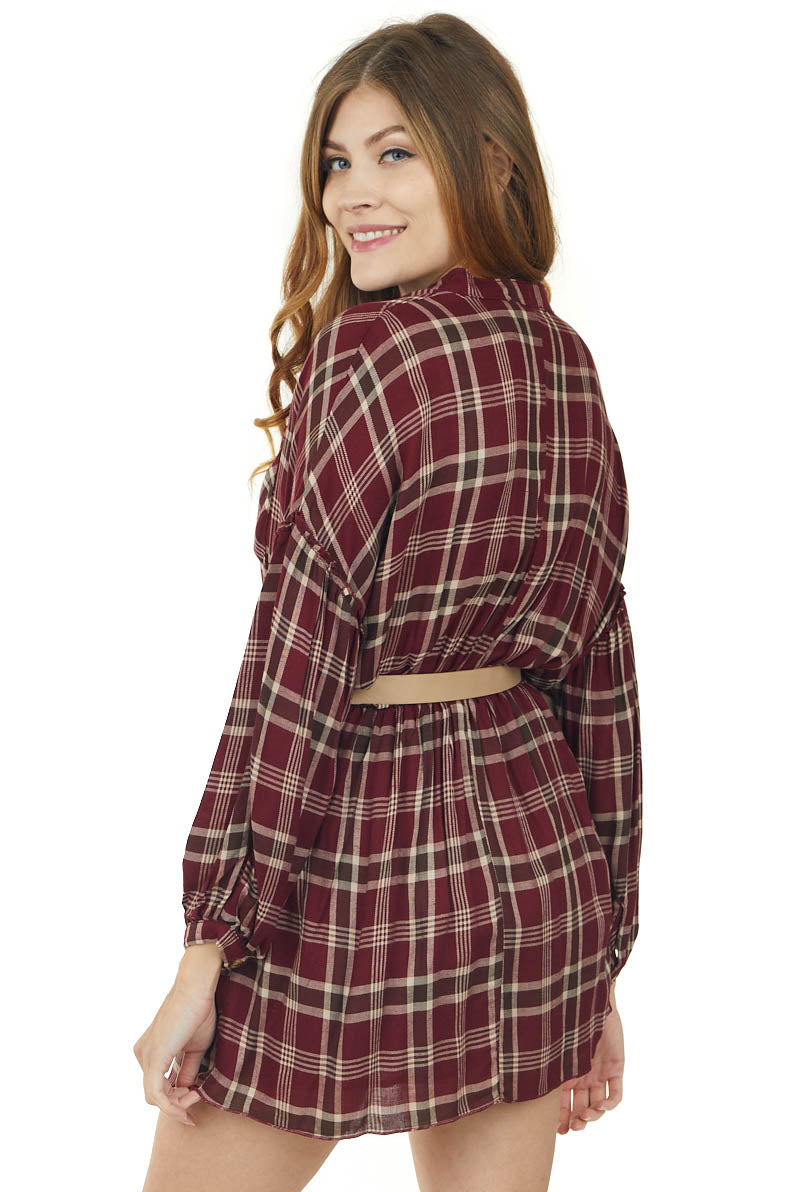 Maroon Plaid Button Up Long Sleeve Shirt Dress