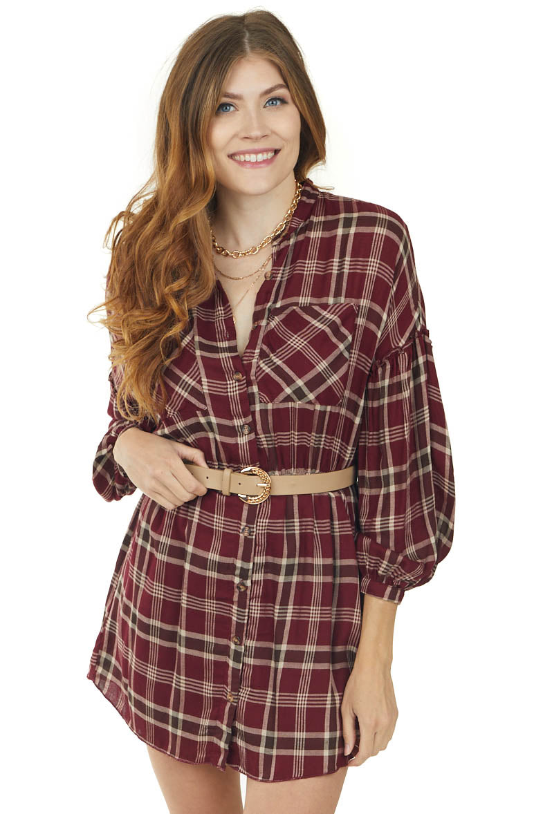 Maroon Plaid Button Up Long Sleeve Shirt Dress