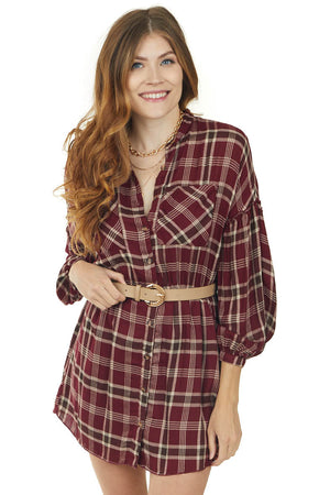 Maroon Plaid Button Up Long Sleeve Shirt Dress