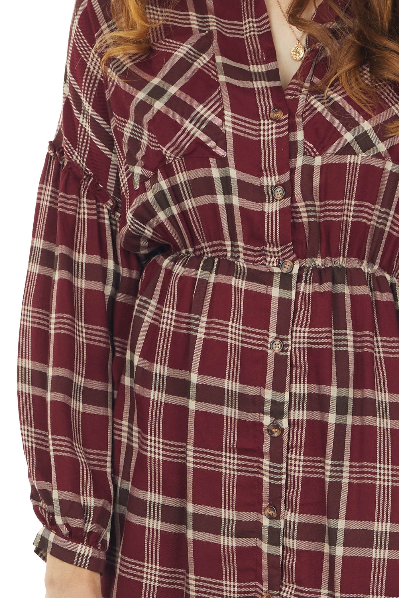Maroon Plaid Button Up Long Sleeve Shirt Dress