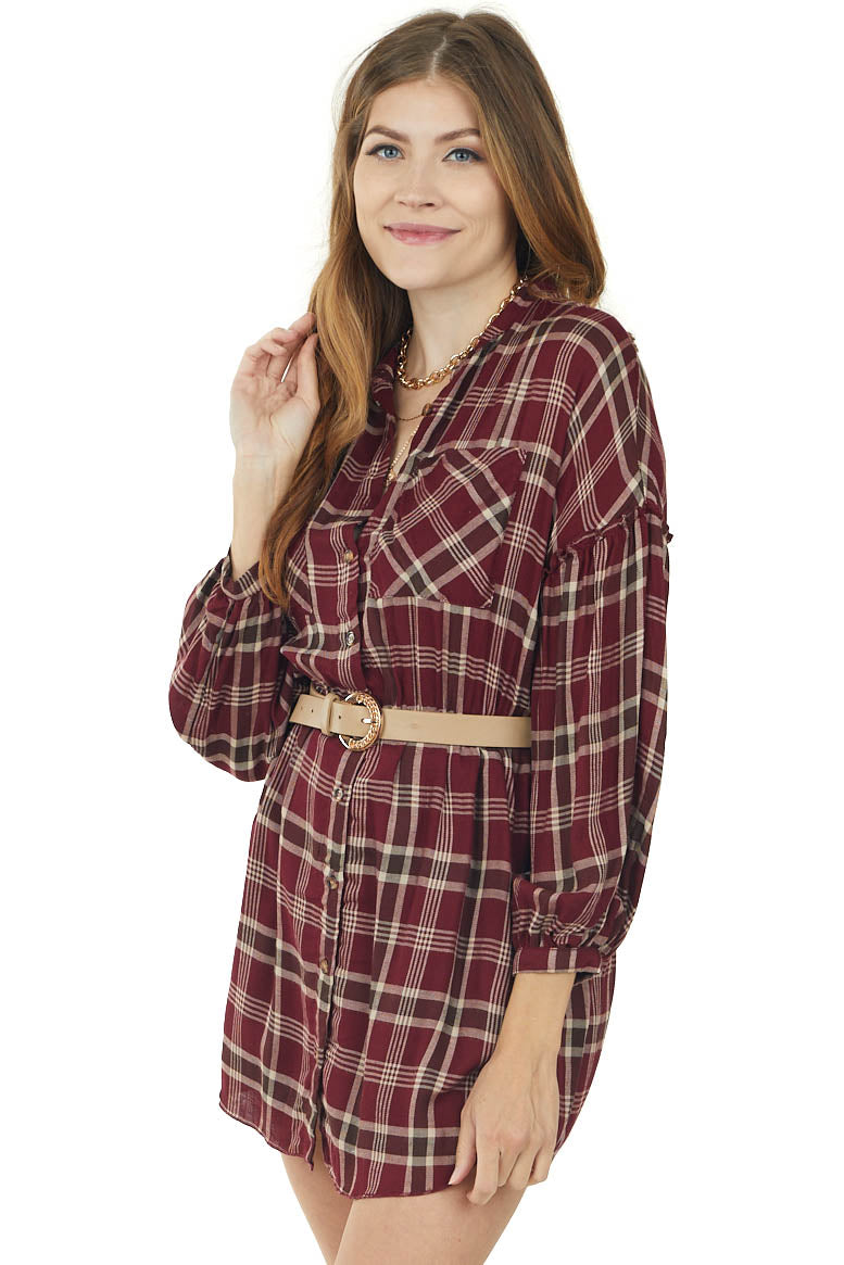 Maroon Plaid Button Up Long Sleeve Shirt Dress