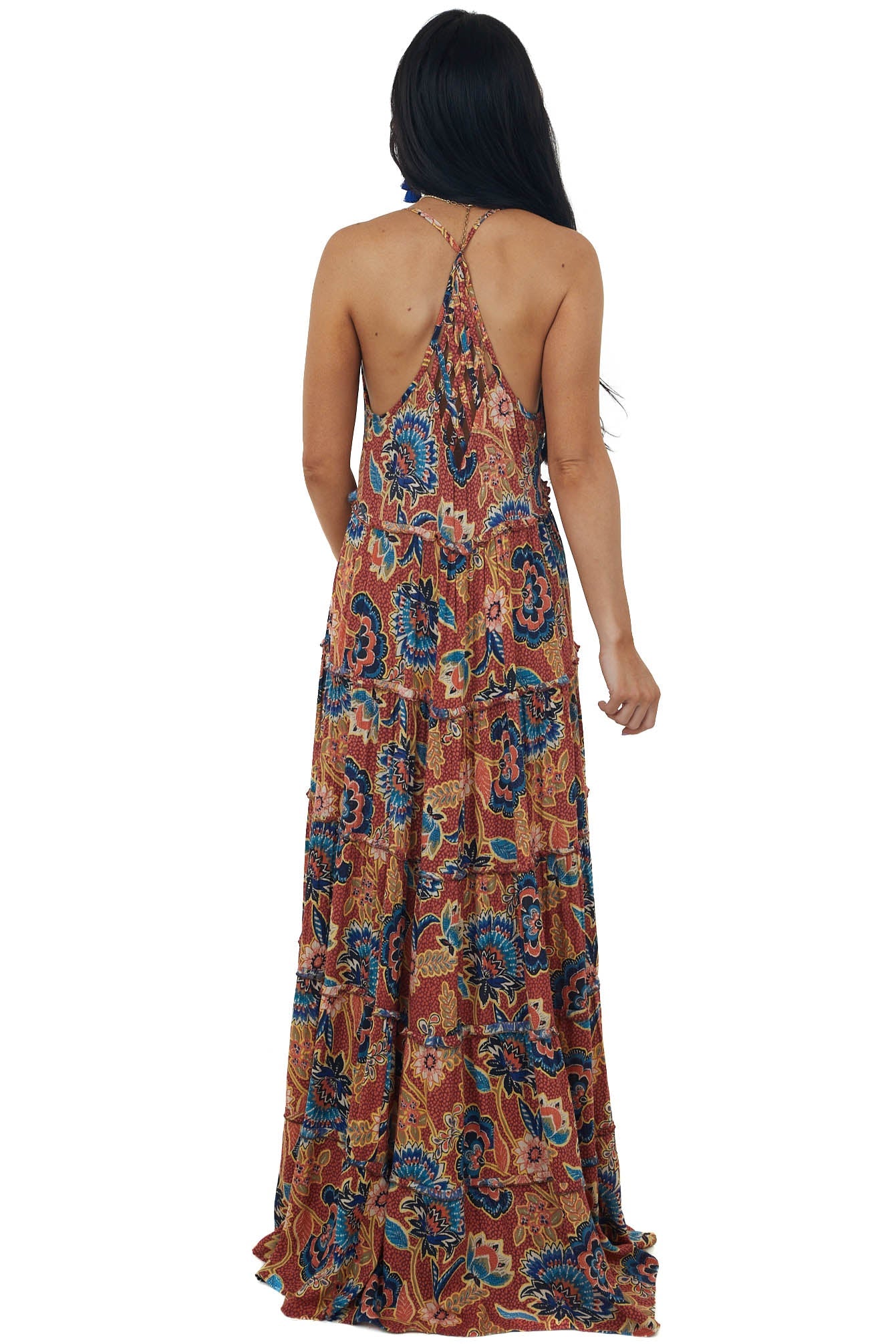 Maroon Printed Sleeveless Tiered Maxi Dress