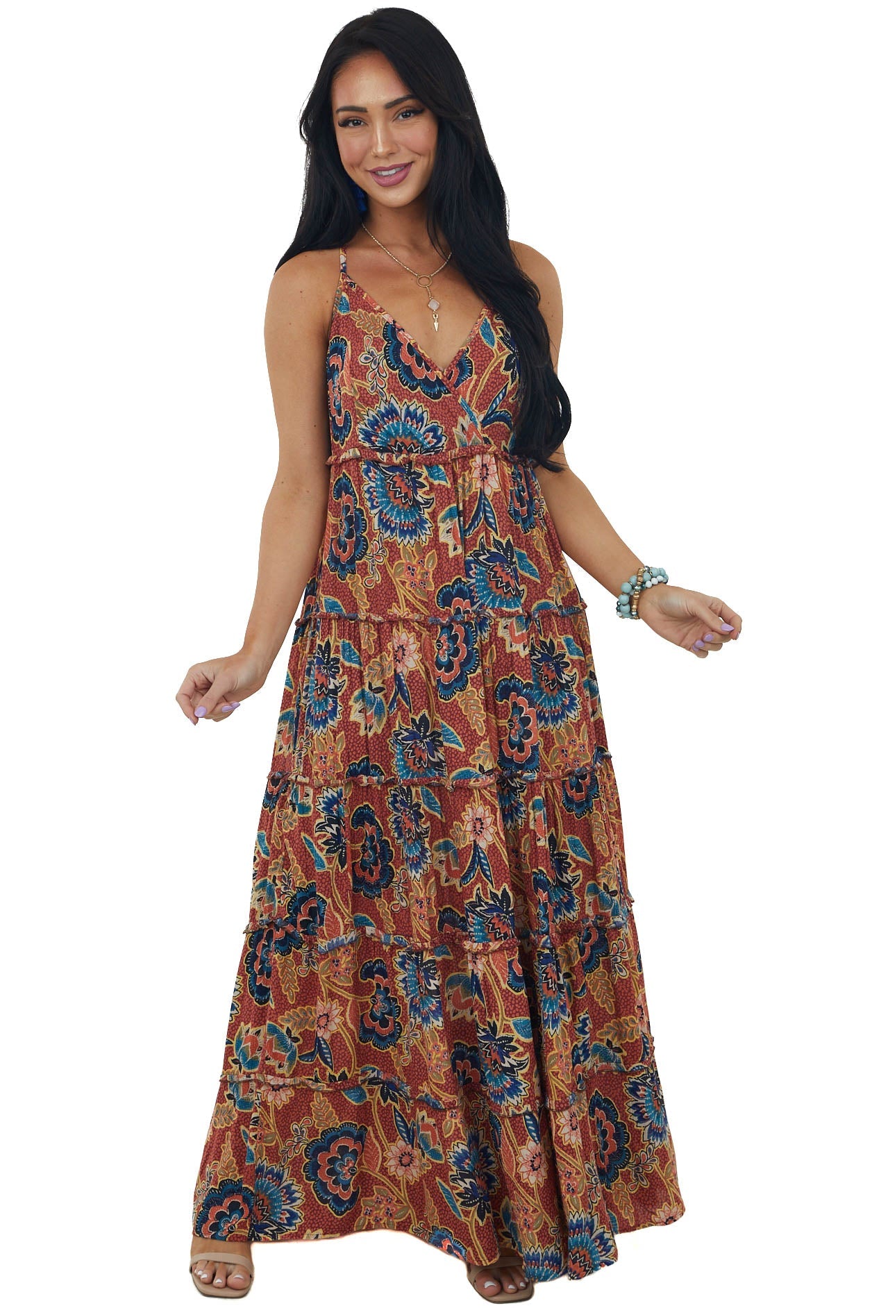 Maroon Printed Sleeveless Tiered Maxi Dress