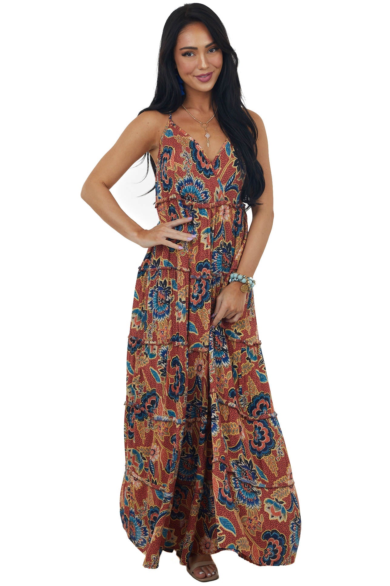 Maroon Printed Sleeveless Tiered Maxi Dress