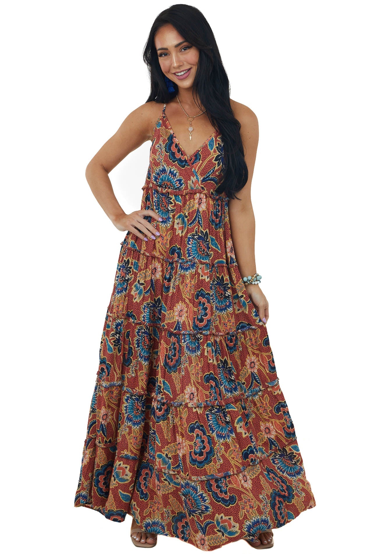 Maroon Printed Sleeveless Tiered Maxi Dress